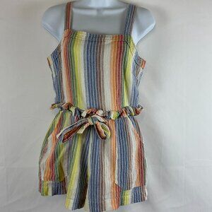 Saylor Rainbow Romper Ruffle Tie Waist Pockets Tie Straps Stripe